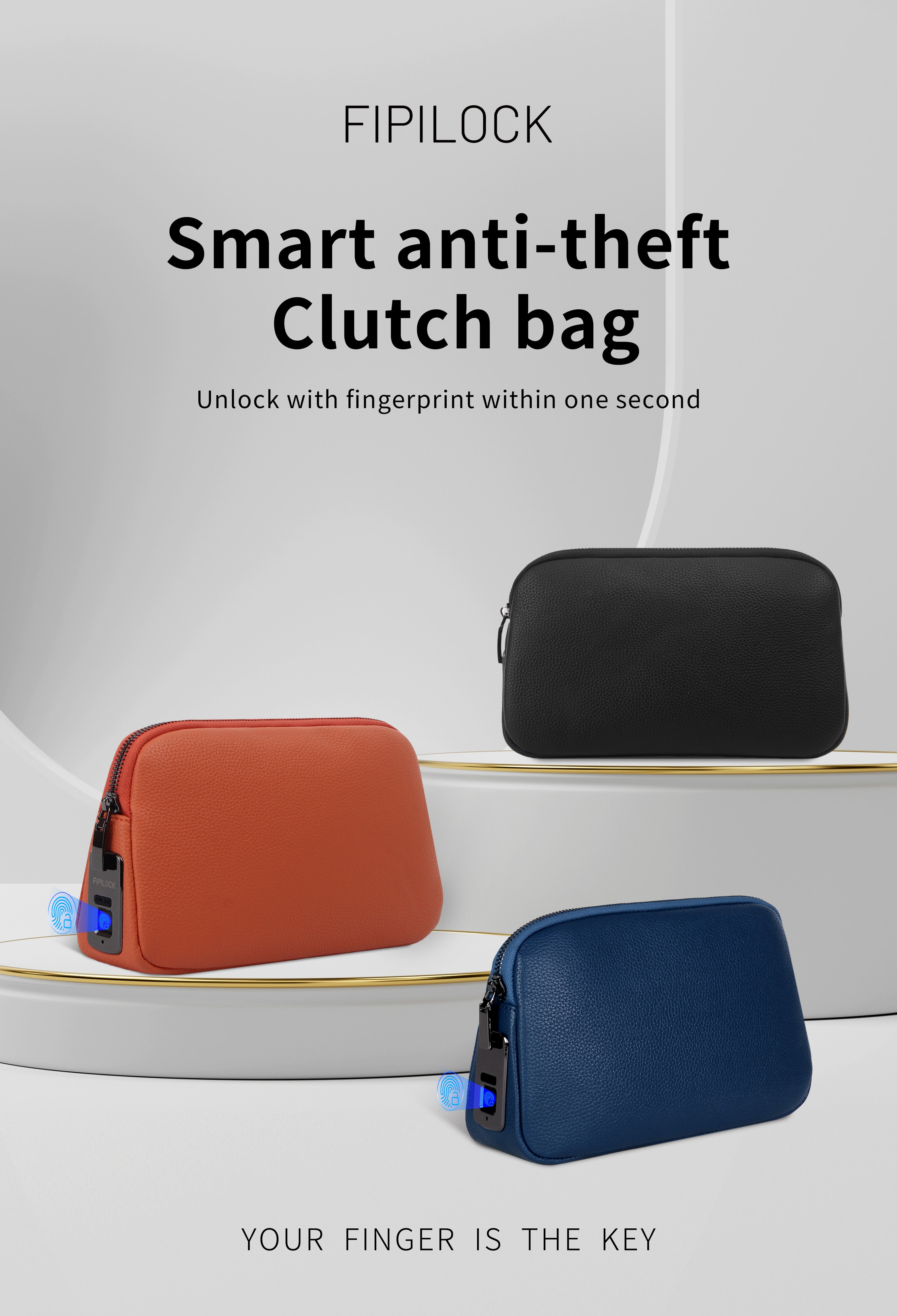 Fingerprint Lock Clutch — Anti-Theft Vegan Leather Purse for Women