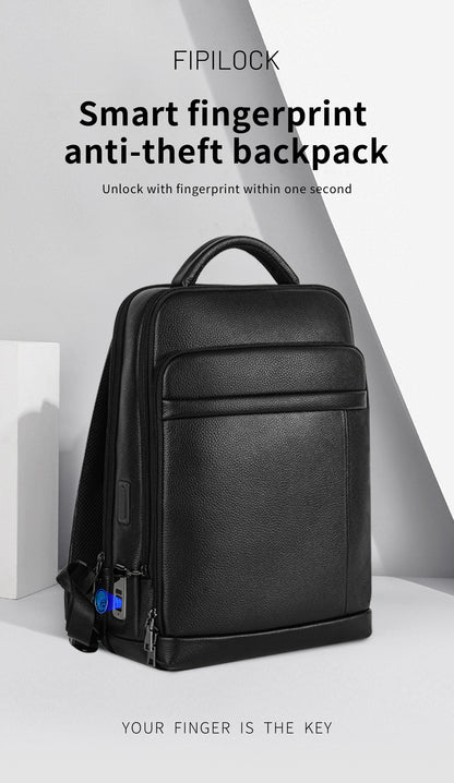 Full-Grain Leather Fingerprint Business-Casual Backpack
