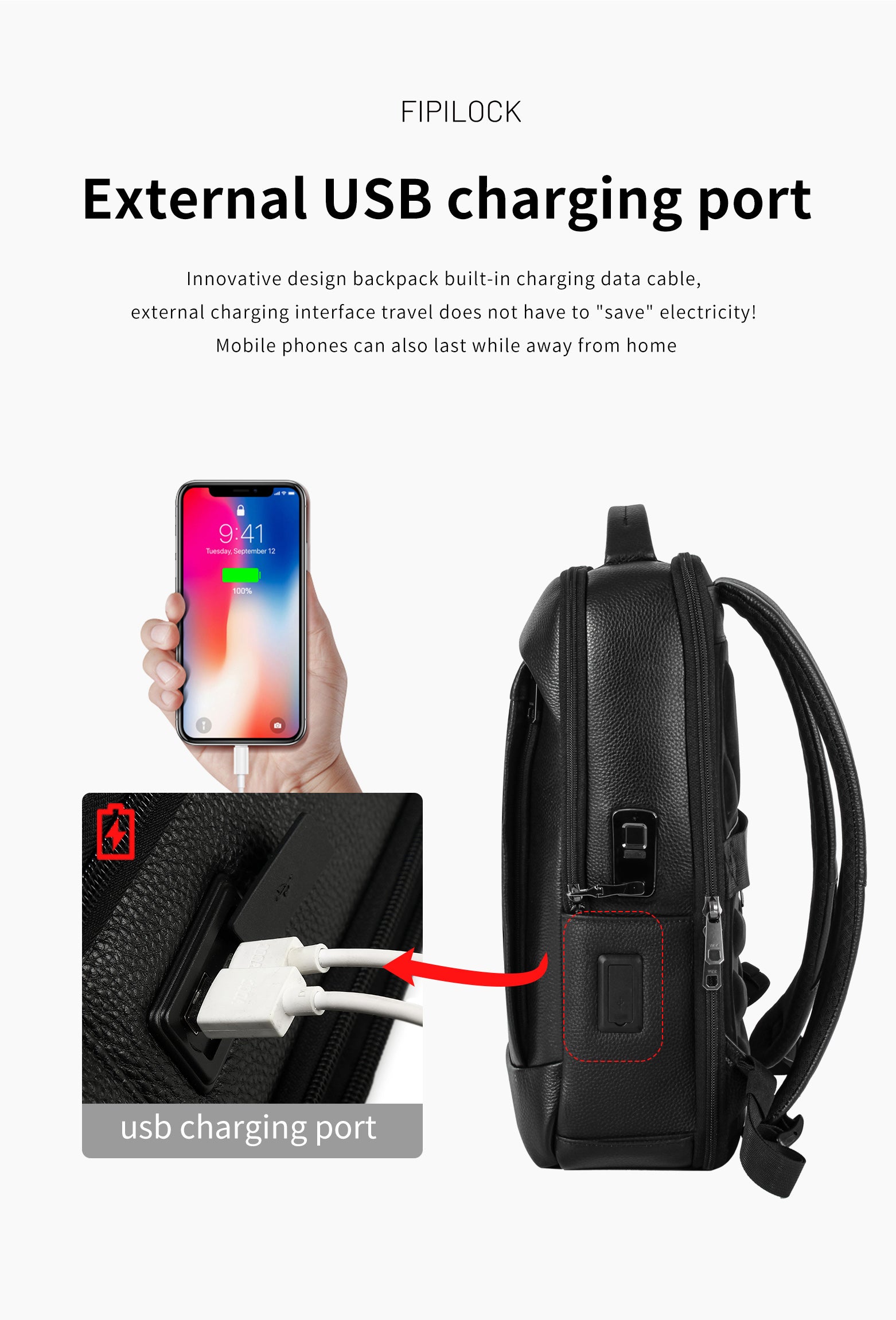 Genuine Leather Fingerprint Unlock Anti-Theft Travel Backpack